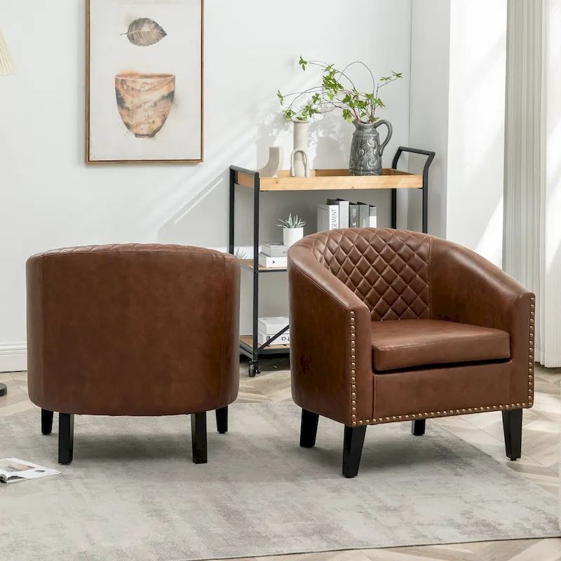 KINWELL 29  PU Faux Leather Club Armchair with Nailheads, Set of 2
