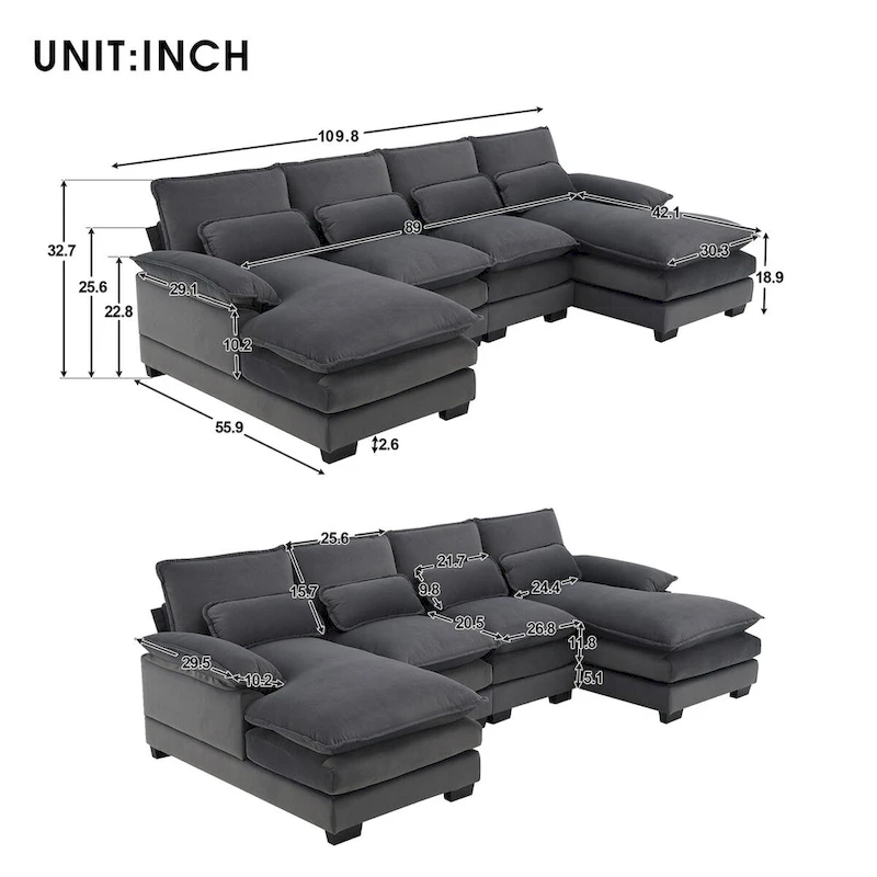 Gray Modern U-Shaped Modular Sectional Sofa with Double Chaise Lounge