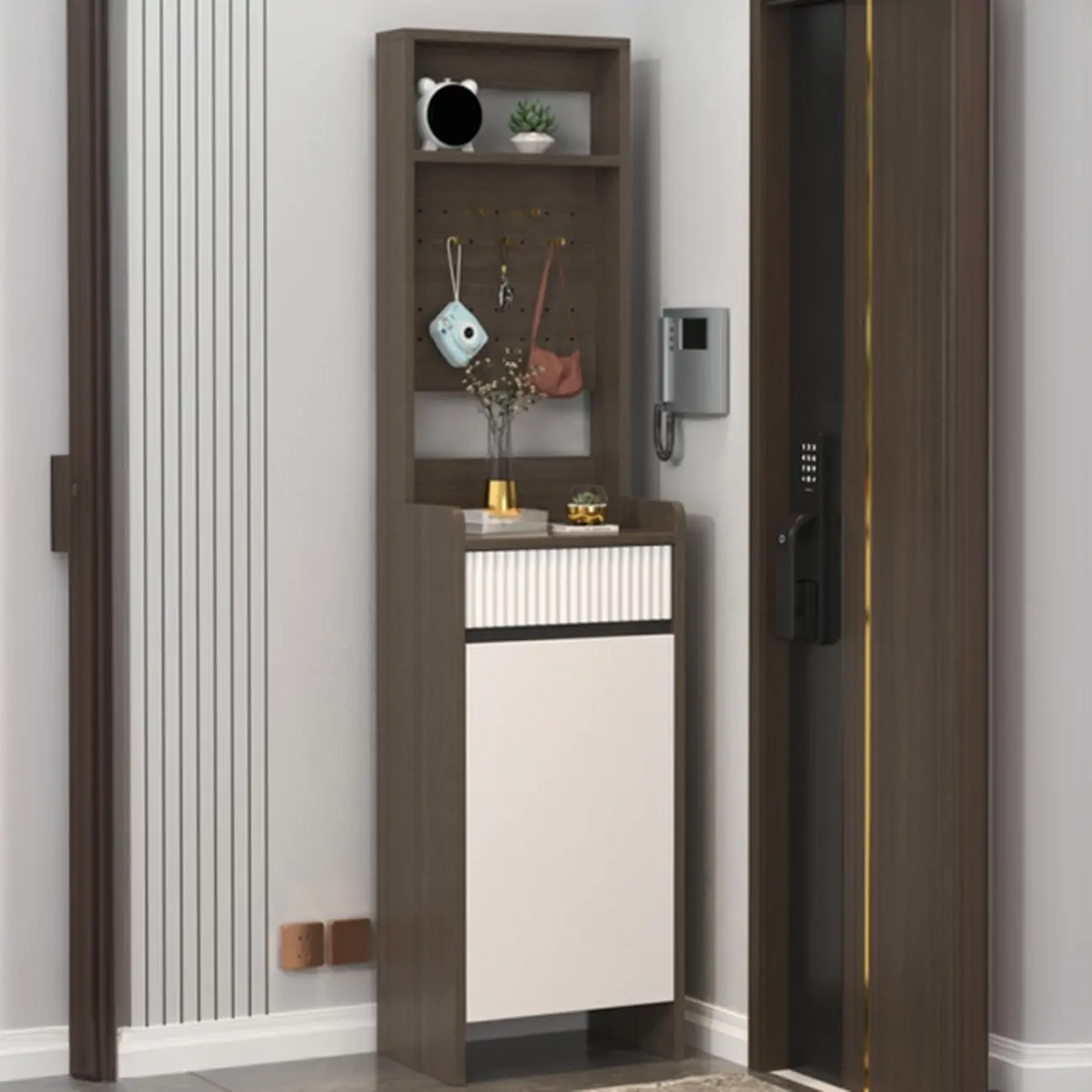 Modern Wood Shoe Cabinet with Drawer and Shelves