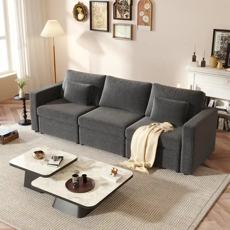 Modern Cotton Linen L-Shape Sectional Sofa, Oversized Upholstery Sectional Sofa, Chaise Couch with Storage Ottomans for Living R