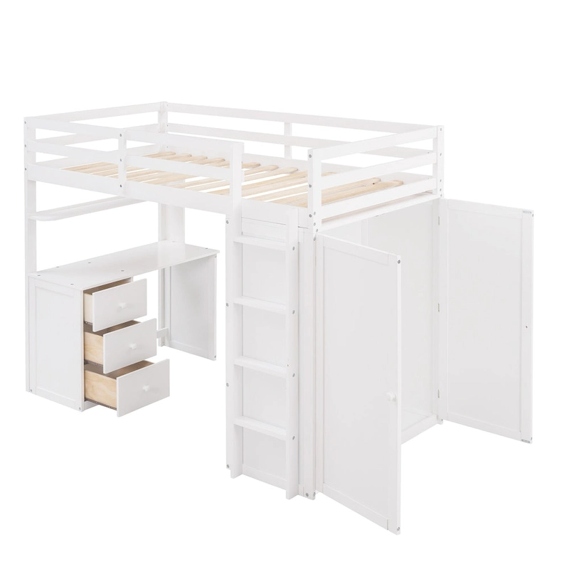 Twin Loft Bed with Study Station and Built-in Wardrobe, Desk & Drawers, 400lb Capacity