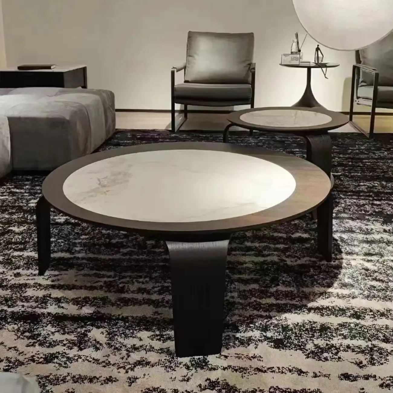 Unique Marble Round 2 Nesting Coffee Table Set with Wood Base
