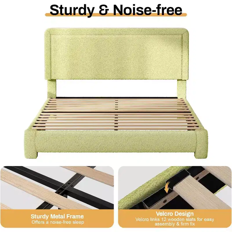 Dyonery Boucle Bed Frame,Black Upholstered Teddy Fabric Bed Frame with Headboard,No Box Spring Required, Adjustable Headboard, Easy Assembly