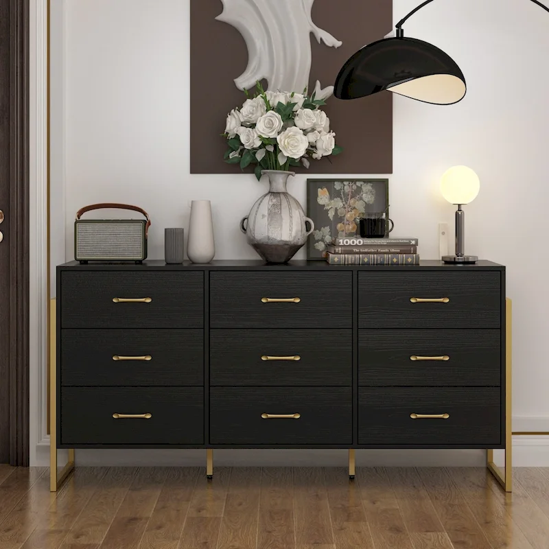 61.4 W Modern Black Dresser with 9 Spacious Drawers - Gold Handles