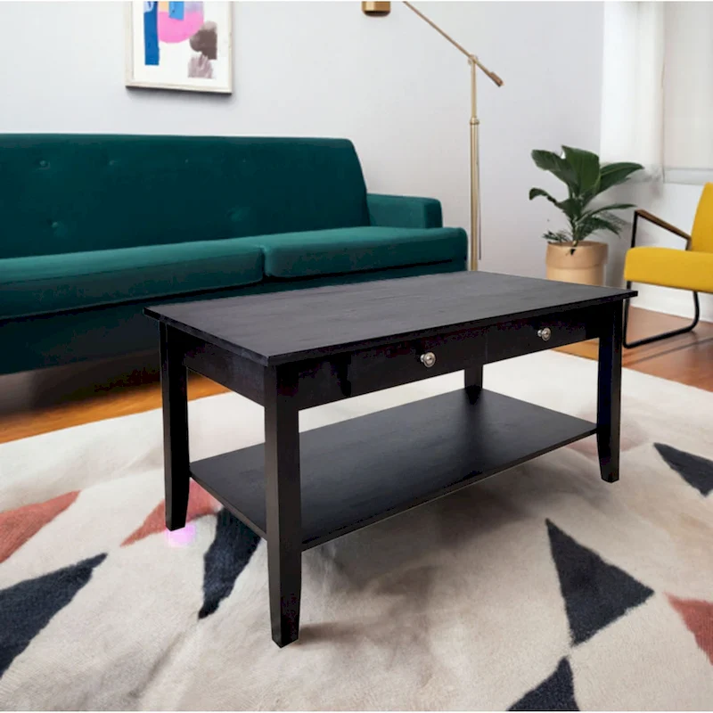 Solid Acacia Coffee Table with Drawer & Bottom Shelf