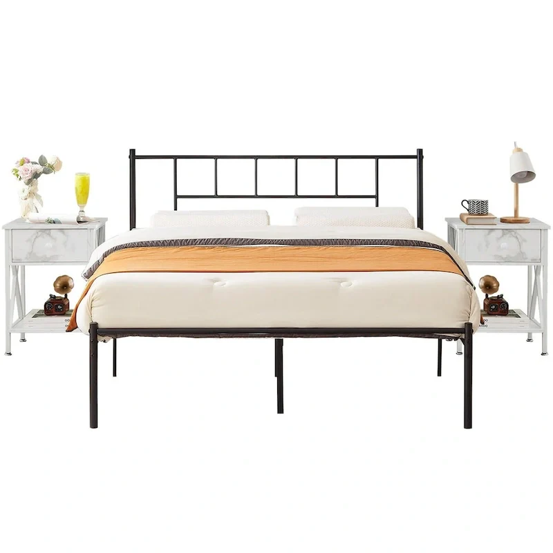 VECELO 3-Pieces Bed Frame with Wood Headboard and Modern Nightstands Set of 2