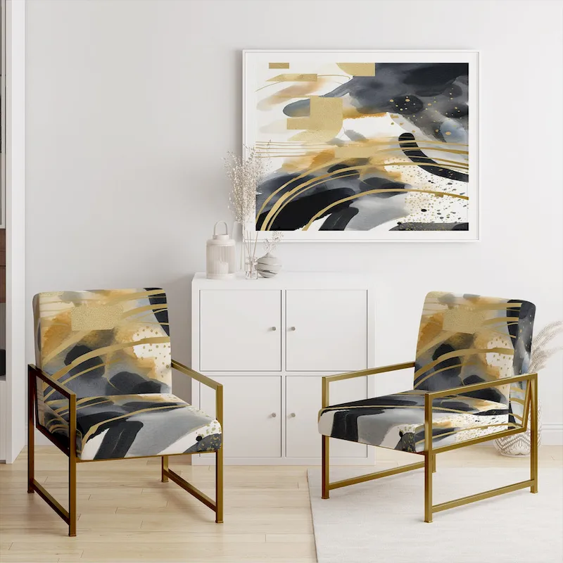 Designart Pastel Abstract With Blue Black & Gold Spots III Upholstered Fractals Accent Chair and Modern Arm Chair