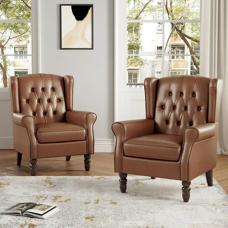 Set of 2 Vegan Leather Upholstered Button Tufted Accent Chair
