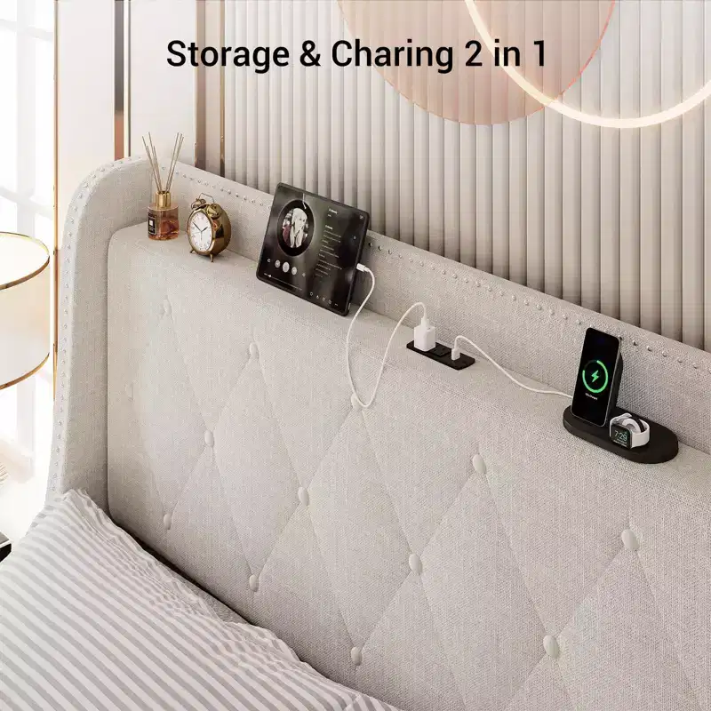 GustoWave Upholstered Bed Frame, with Charging Station & Wingback, 4 Storage Drawers
