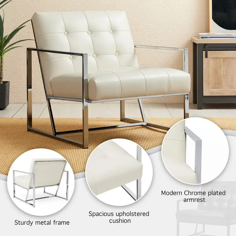 Glitzhome 30.50H Cream Mid-Century PU Leather Tufted Accent Chair with Chrome Plated Frame