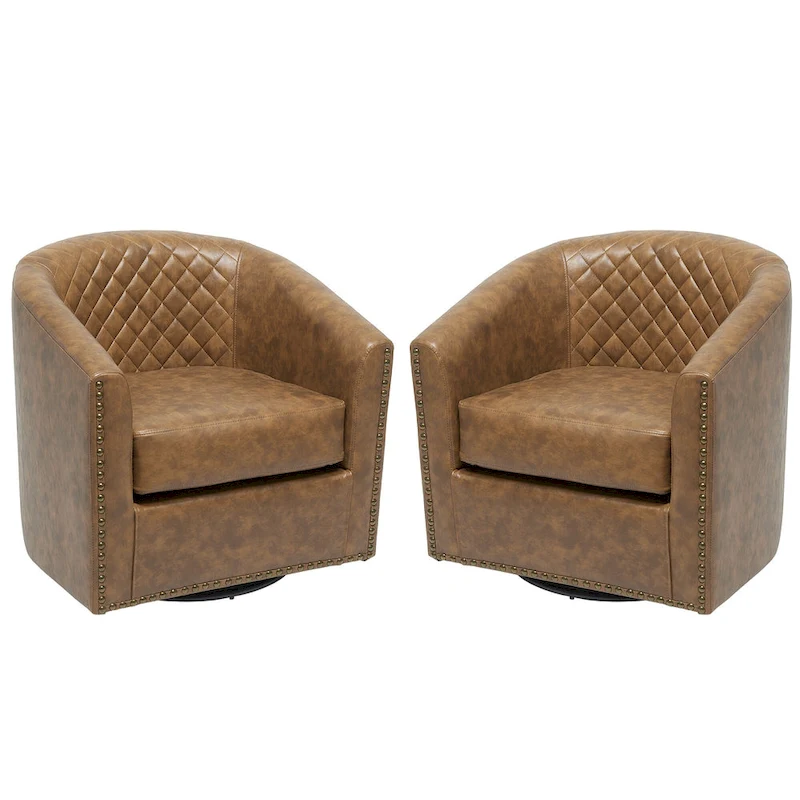 KINWELL 29 Wide Tufted PU Leather Swivel Barrel Chair (Set of 2)