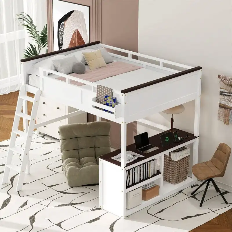 Queen Size Loft Bed with Bulit-in Desk and a Storage Box, Wooden Loft Bedframe with Open Shelf and USB Charging Station