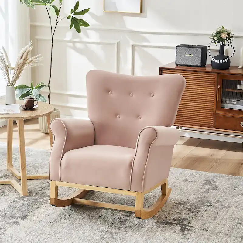 Velvet Tufted High Back Rocking Chair - Single Seat with Wood Legs