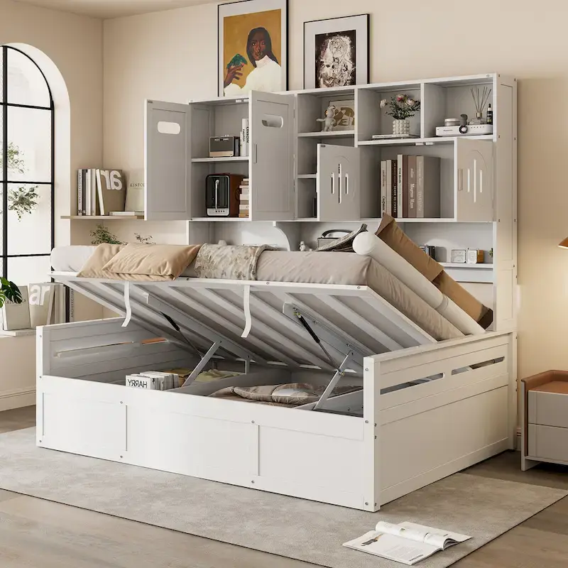 Full Size Wooden Daybed with Hydraulic Lift, All-in-One Cabinet & Shelf, White