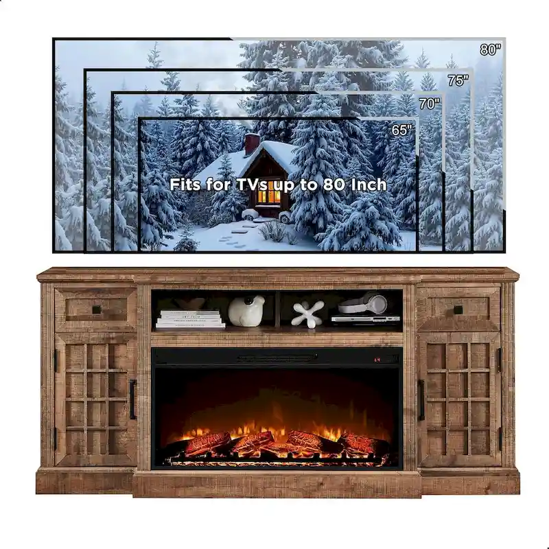 Black/Brown/White Farmhouse Electric Fireplace TV Stand, Fits 80