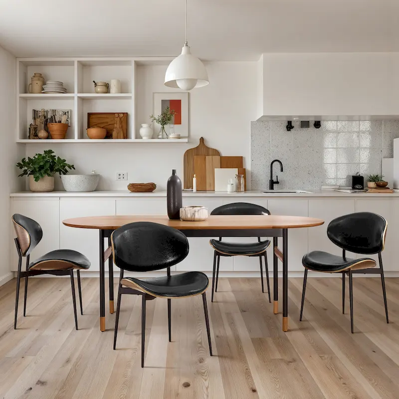 Set of 4 Mid-century Wood and Faux Leather Dining Chairs