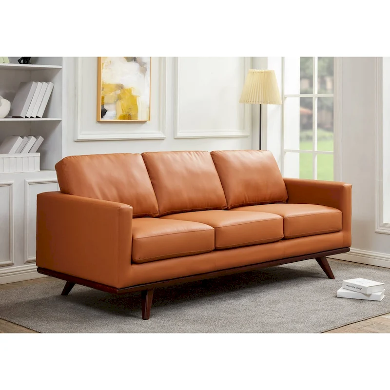 Chester Leather 3-Seater Sofa with Birch Wood Base Modern Living Room Couch with Removable Cushions - 83