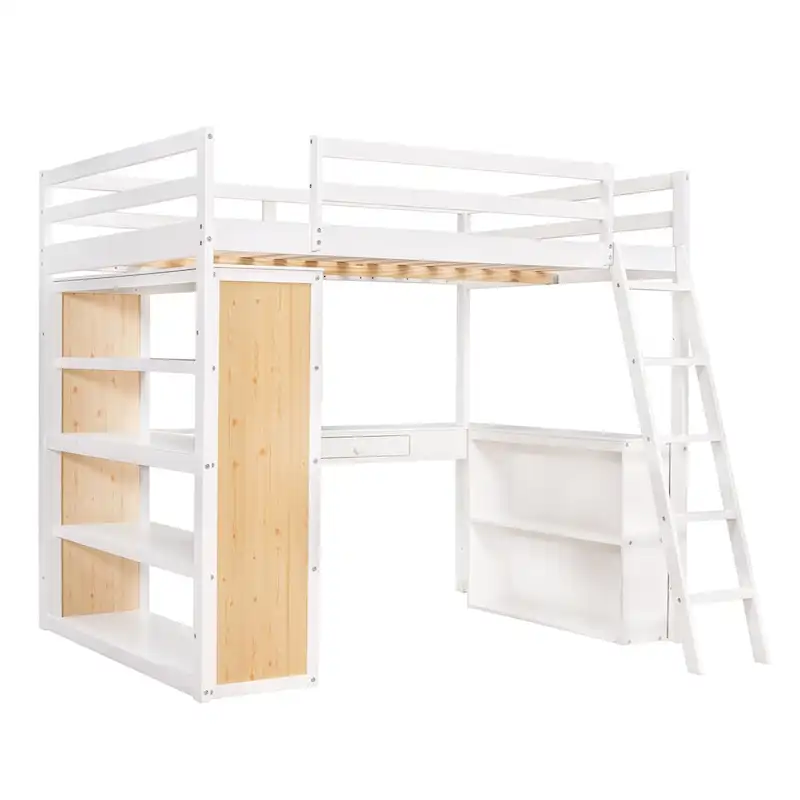 Loft Bed with Desk, Shelves, Drawer, and Ladder, Full-Length Guardrail