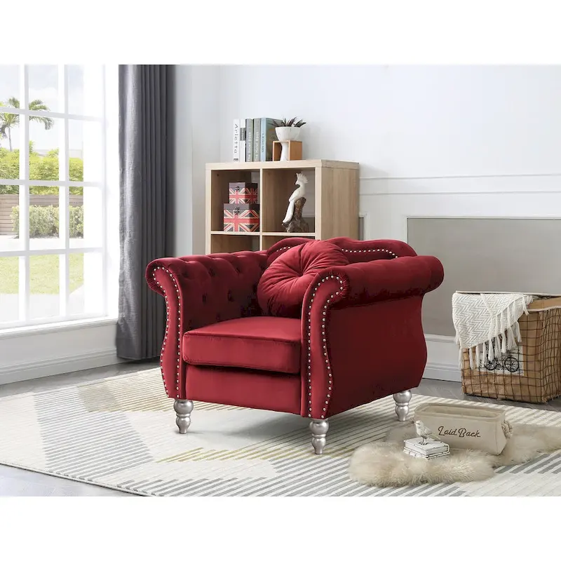 Hollywood Chesterfield Tufted Velvet Accent Chair with Round Throw Pillow - 39L x 35W x 34H