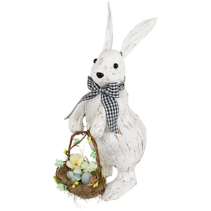 Rustic Rabbit with Easter Basket Standing Figure - 14  - Brushed White