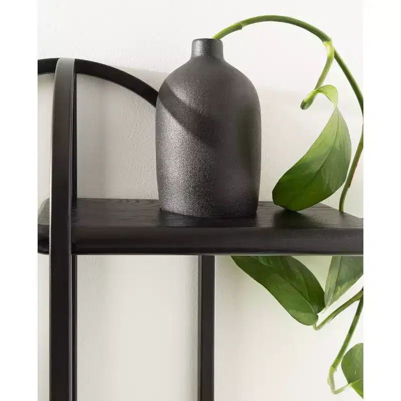 3-Tier Arched Floating Wall Shelf – Black Metal & Wood, 18x5.5x30 in