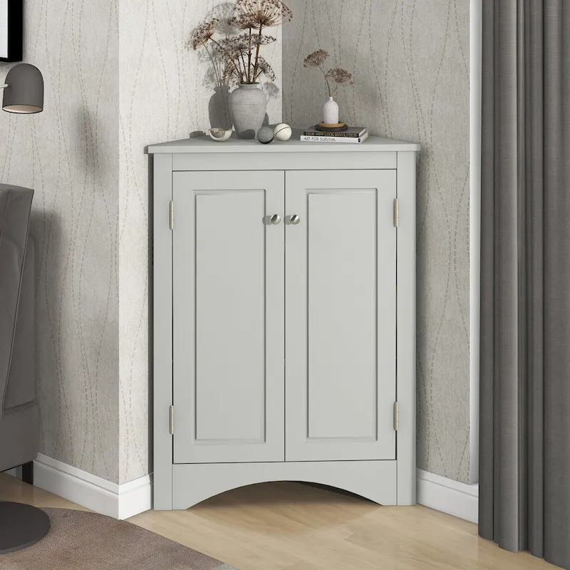 32 Wood 2-door Bathroom Corner Cabinet with Adjustable Shelves