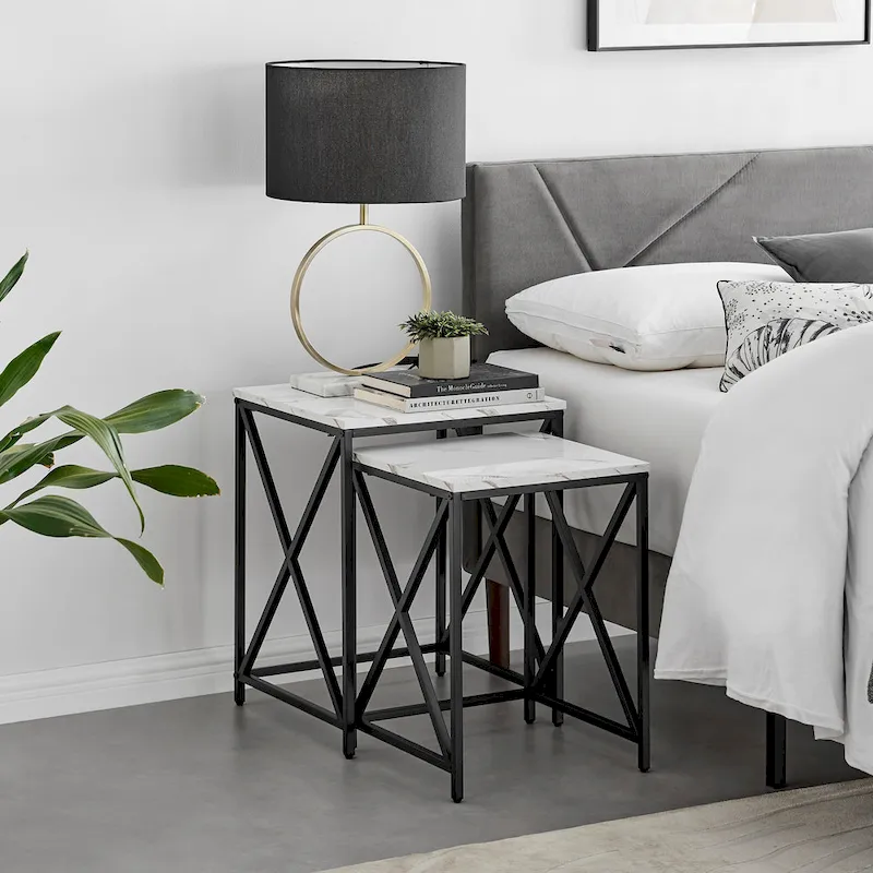 Modern Square Marble Finish Veneer Top Black Metal Frame Nesting End Tables - Set of 2