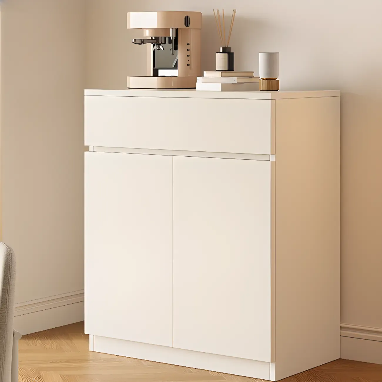 White Wooden Credenza with Drawers and Cabinets