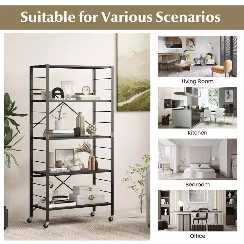 Costway 5-Tier Folding Shelf Free DIY Design Shelving Unit with 4 Universal Wheels Kitchen Black/Natural