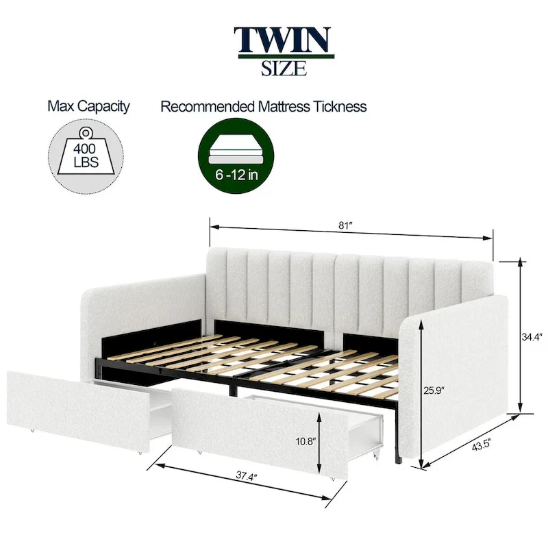 Upholstered Daybed with 2 Drawers