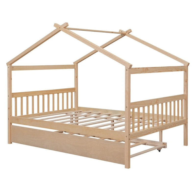 Wooden Full House Day Bed with Trundle