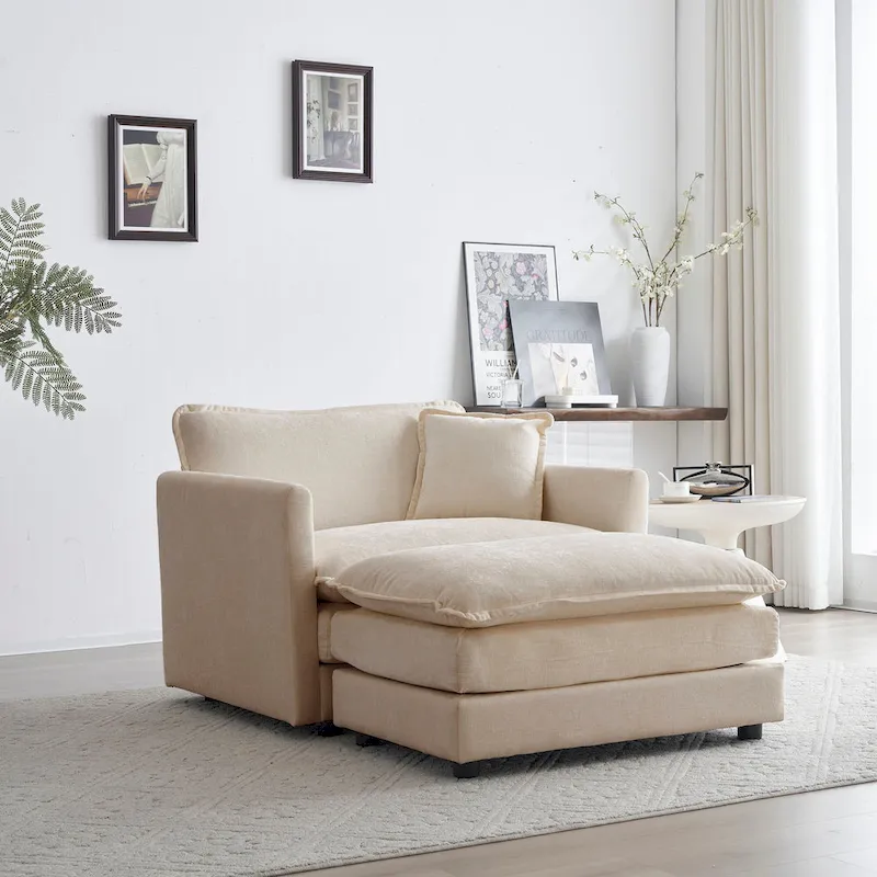 Beige Chenille Single Sofa with Ottoman and Double Cushion Seat
