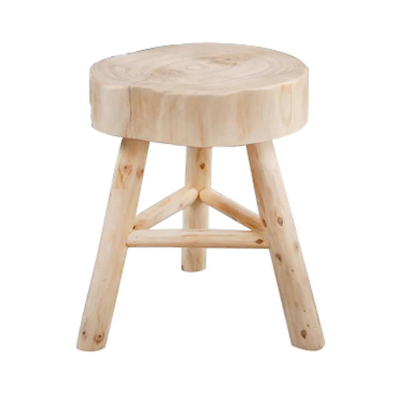 16H Wooden Stool with Live-Edge Round Top and Triangle Footrest Base, Natural Finish Perfect for Extra