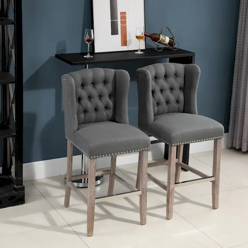 HOMCOM 2 Piece Counter Height Barstools Kitchen Breakfast Stools with Nailhead-Trim and Tufted Back, Solid Wood Legs