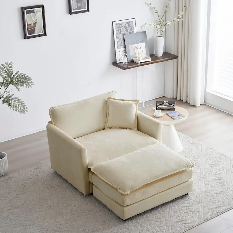 Beige Chenille Single Sofa with Ottoman and Double Cushion Seat