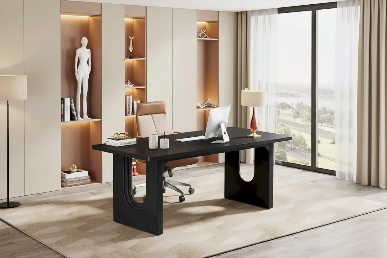 70.9" Large Rectangular Office Desk in Engineered Wood – White / Black, for 1 Person