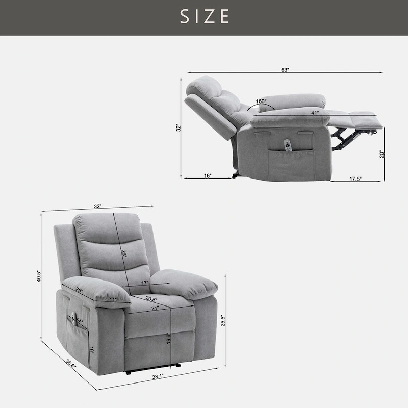 Light Gray Ergonomic Design Velvet Power Recliner Chair, Heat, Massage, Steel Frame