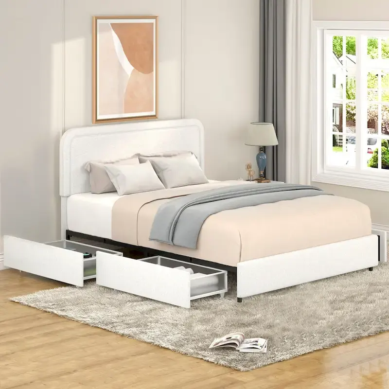 Christopher Knight Home Valle Queen Sized Boucle Upholstered Platform Bed with Drawers, Ivory