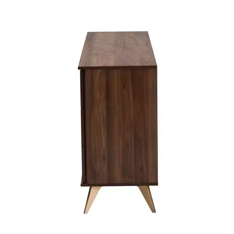 6-Drawer Mid-Century Dresser – Walnut Brown & Gold, Geometric Grain, Angled Legs