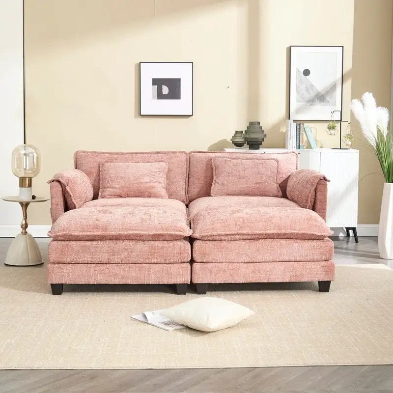 76.77  Chenille Upholstered Sofa with 2 Ottomans