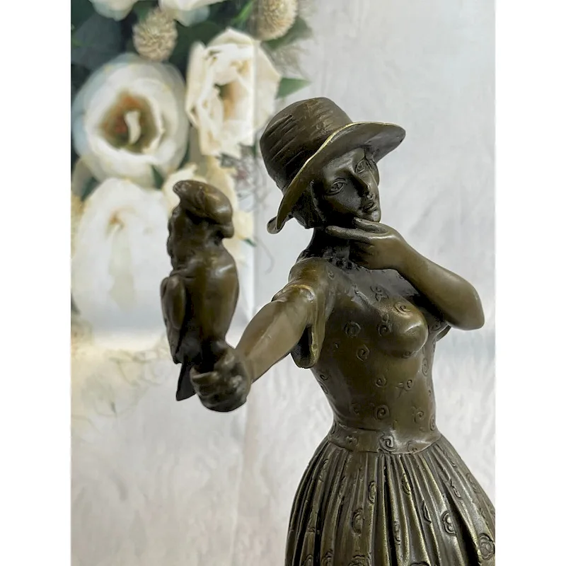 100 Percent Solid Bronze Sculpture Lady With Bird Signed Real Art Hot Cast Figurine Lrg