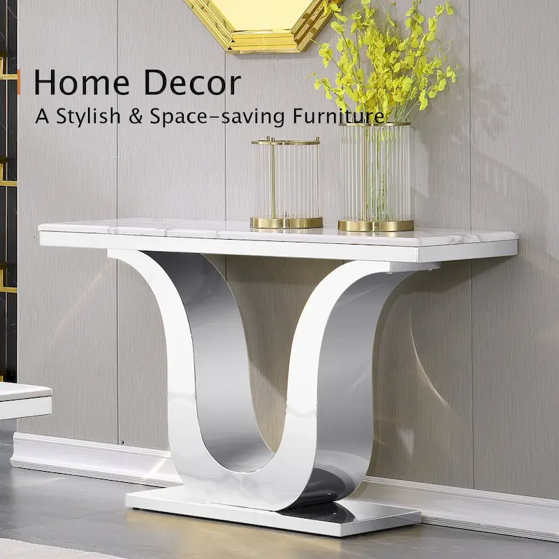 50 inch Luxury Console Table Rectangle Living Room White Sofa Entryway Table with Stainless Steel U Base