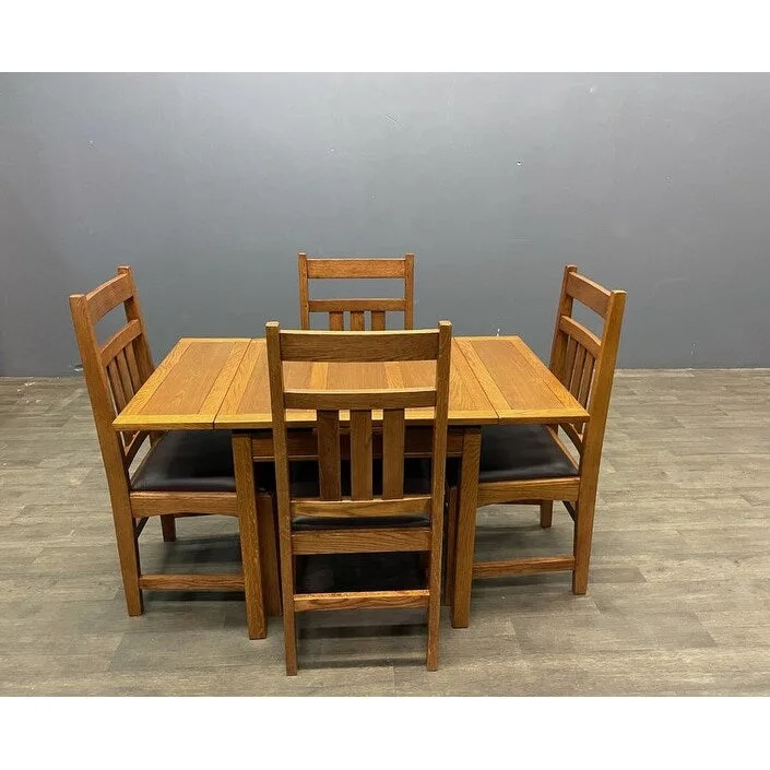 Mission Oak Dining Table Set with 2 Self-Storing Leaves & 4 Leather Chairs - Dark Walnut Finish - Extendable Kitchen Table