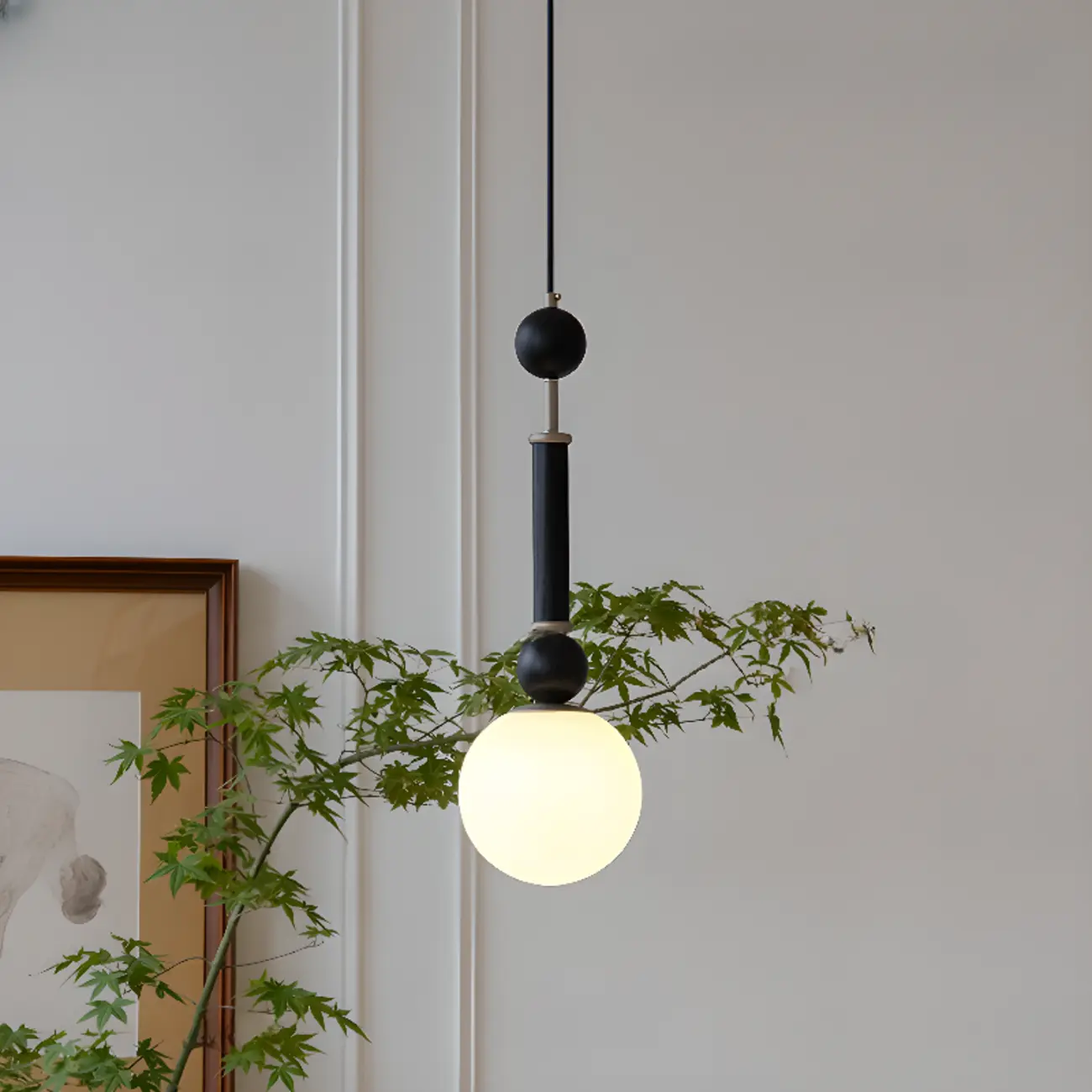 Minimalist Small Wood Glass Black Globe Hanging Pendant Light