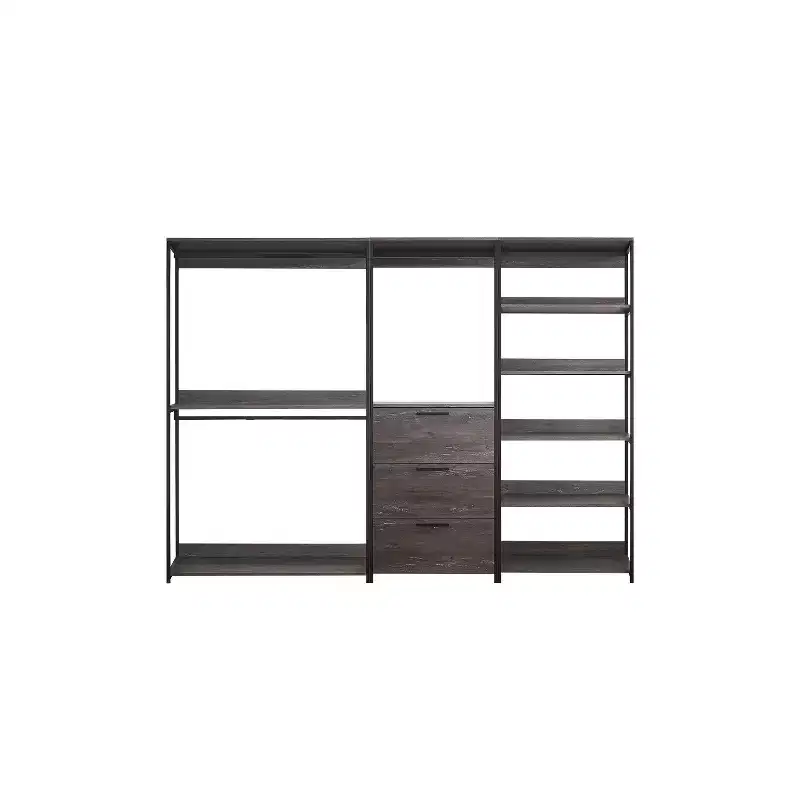HomeStock 77.7 in.H x 111 in.W Black Wood Composite Closet System for Universal Storage with Storage Bins