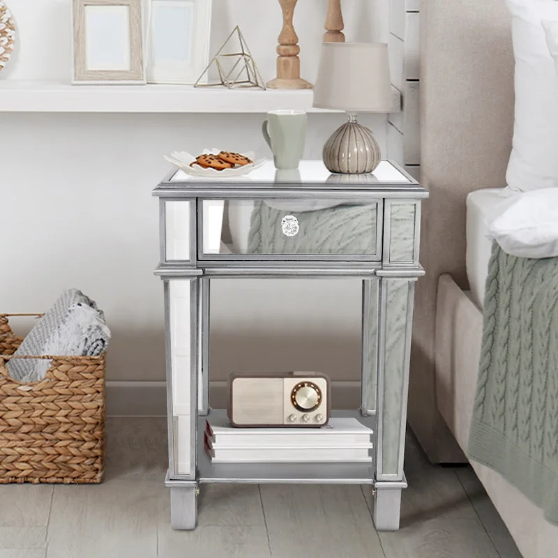 Mirrored Bedside Nightstand Glass Side V Table Silver with Drawer