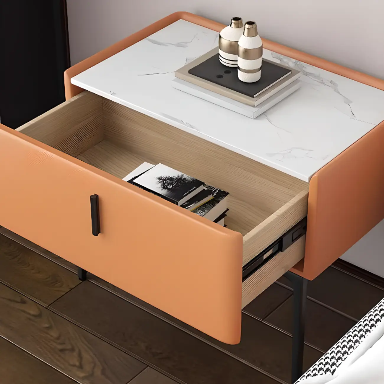 Modern 1 Tier Drawer Nightstand with Faux Marble Countertop