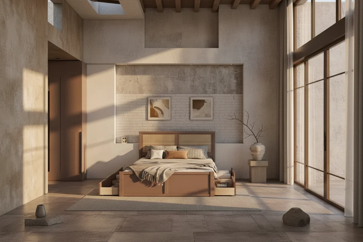 Wood Full Size Storage Platform Bed with 4 Drawers, Rattan Headboard