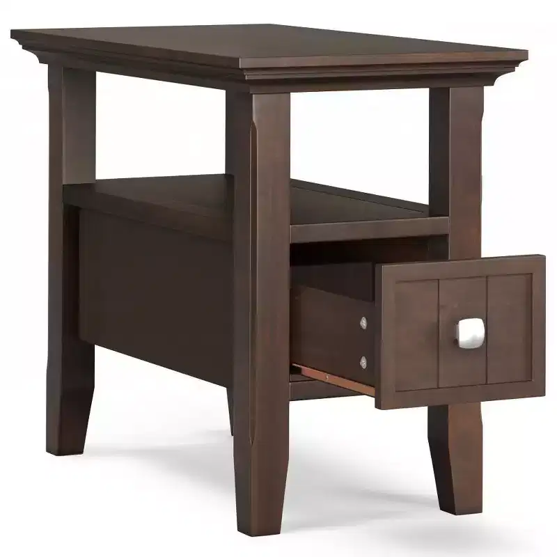Brown Narrow Side Table with Drawer & Open Shelf, Pine Wood, 1-Piece