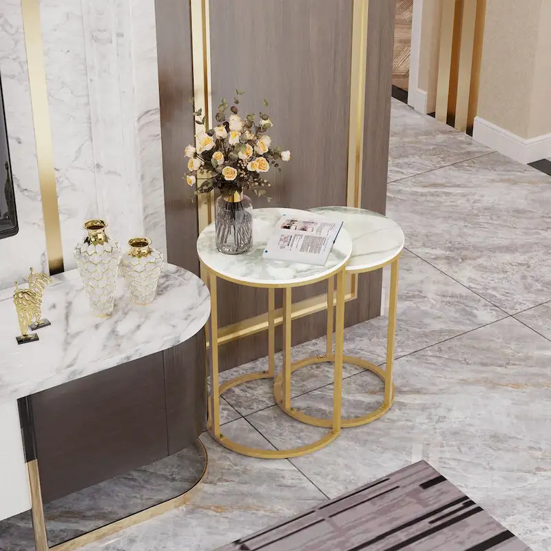 Round Nesting End Table Set Iron and Marble Accent Table - 15.7x21.5 inch & 13.7x19.7 inch